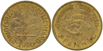 ФРГ 5 пфеннигов 1976 J J.382, KM 107 сталь плакированная латунью    4598-962