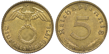 Германия 5 рейхспфеннигов 1938 A KM 91, J. 363 алюминиевая бронза 4602-1253