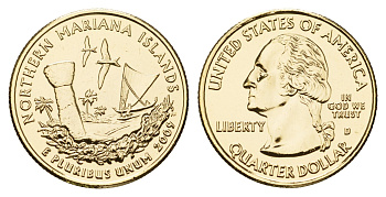 США 25 центов (квотер, 1/4 доллара) 2009 серия штаты США, Северные Марианские острова KM 466 медь плакированная золотом UNC 1084-7-63
