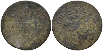 Гессен-Дармштадт 1 пфенниг 1819 GH-SM, Великий Герцог Людвиг I (1806-1830) KM 280 медь 4532-714