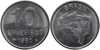 Бразилия 10 крузейро 1980 карта Бразилии KM 592.1 нержавеющая сталь 186-1235