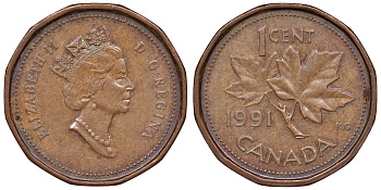 Канада 1 цент 1991 Елизавета II (1952-2022), кленовый лист KM 181 бронза 71-1042