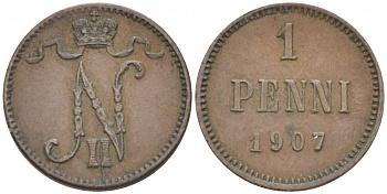 РОССИЯ ДЛЯ ФИНЛЯНДИИ 1 ПЕННИ 1907 НИКОЛАЙ II KM 13, Биткин 468 медь 4396-1332