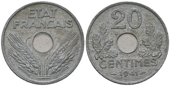 Франция 20 сантимов 1941 Правительство Виши KM 900 цинк aUNC 4616-832
