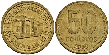 Аргентина 50 сентаво 2009 здание конгресса Тукумана, узкие буквы KM 111.1 алюминиевая бронза 4155-142