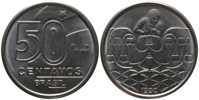 Бразилия 50 сентаво 1990 KM 614, Schon 123 нержавеющая сталь 4576-148