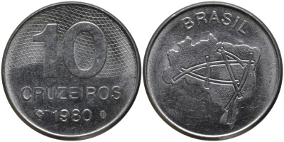 Бразилия 10 крузейро 1980 карта Бразилии KM 592.1 нержавеющая сталь 186-1235