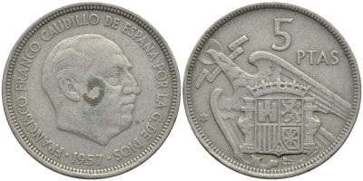 Испания 5 песет 1957 (60) Франсиско Франко (1939-1975) KM 786 медно-никель 4171-512