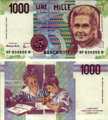 Италия 1000 лир 1990 Мария Монтессори Pick 114с бумага UNC (пресс) 7183-26-1-2