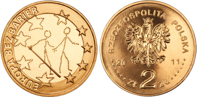Польша 2 злотых 2011 MW, 100 лет общества слепых, Европа без границ KM 795 нордик UNC 4676-852