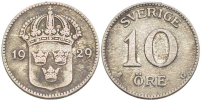 Швеция 10 эре 1929 G, Густав V (1907-1950) KM 780 серебро 116-1153