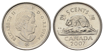 Канада 5 центов 2007 Leaf, Елизавета II (1952-2022), бобр KM 491 сталь плакированная никелем UNC 4689-469