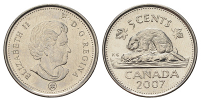 Канада 5 центов 2007 Leaf, Елизавета II (1952-2022), бобр KM 491 сталь плакированная никелем UNC 4689-469