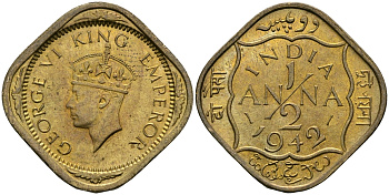 Британская Индия 1/2 анна 1942 Георг VI (1936-1952) KM 534b никель-латунь UNC 94-837