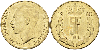 Люксембург 5 франков 1986 Великий герцог Жан (1964-1999) KM 60.1 латунь 63-724