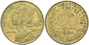 Франция 20 сантимов 1968 тип MARIANNE KM 930 медь алюминий никель 4584-512