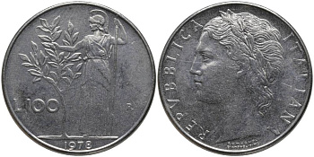 ИТАЛИЯ 100 ЛИР 1978 R, АФИНА KM 96.1 нержавеющая сталь 109-442