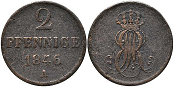 Ганновер 2 пфеннига 1846 A, Эрнст Август (1837-1851) KM 202.2 медь 4448-1054