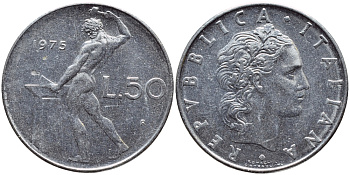 ИТАЛИЯ 50 ЛИР 1975 R, БОГ ОГНЯ ВУЛКАН У НАКОВАЛЬНИ KM 95.1 нержавеющая сталь 4397-533