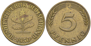 ФРГ 5 пфеннигов 1950 F KM 107, J. 382 сталь плакированная латунью 55-1243