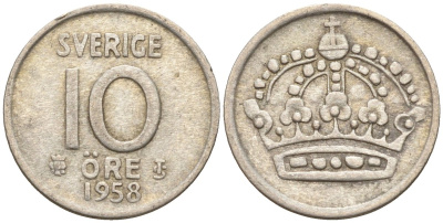 Швеция 10 эре 1958 Густав VI Адольф (1950-1973) KM 823 серебро 4147-919