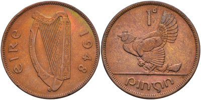 Ирландия 1 пенни 1948 курица с цыплятами KM 11 бронза 4367-1222