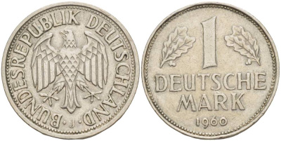 ФРГ 1 МАРКА 1960 J KM 110, J. 385 медно-никель 4551-1242