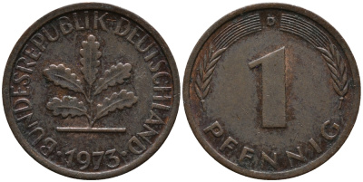 ФРГ 1 пфенниг 1973 D KM 105, J.380 сталь плакированная медью 99-331