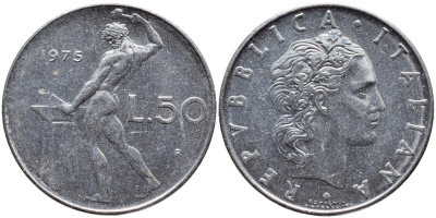ИТАЛИЯ 50 ЛИР 1975 R, БОГ ОГНЯ ВУЛКАН У НАКОВАЛЬНИ KM 95.1 нержавеющая сталь 4397-533