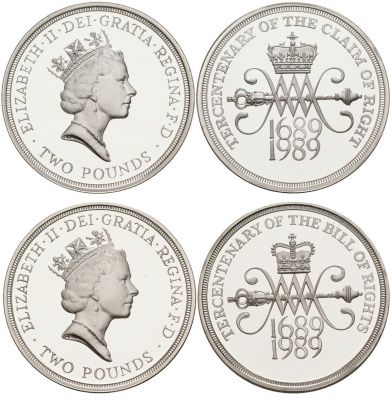 Великобритания набор из 2 монет по 2 фунта 1989 Елизавета II (1952-2022), 300 лет "Биллю о правах" Англии и Шотландии, сертификат, коробка Spink US09 серебро PROOF 4-5-4-10