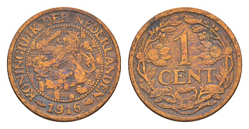 Нидерланды 1 цент 1916 Вильгельмина (1890-1948) KM 152 бронза 75-119