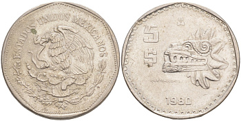 Мексика 5 песо 1980 АЦТЕКСКАЯ СКУЛЬПТУРА, ПЕРНАТЫЙ ЗМЕЙ КЕТЦАЛЬКОАТЛЬ KM 485 медно-никель 3855-1225