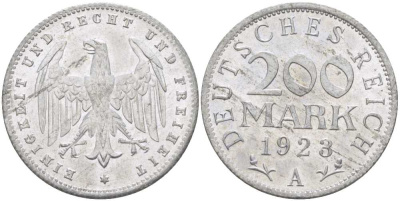 ГЕРМАНИЯ 200 МАРОК 1923 A KM 35, J. 304, Weege 22 алюминий 261-843