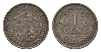 Нидерланды 1 цент 1921 Вильгельмина (1890-1948) KM 152 бронза 4674-1123