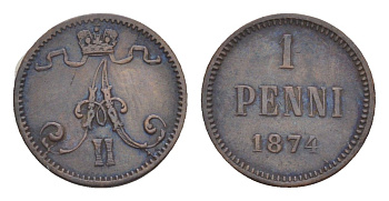 Россия для Финляндии 1 пенни 1874 Александр II (1855-1881) Биткин 673 медь 1520-1025