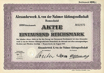 Германия 1000 рейхсмарок 1937 Александрверк А. фон дер Нахмер АГ Ремшайд, акция   бумага   8801-10-1
