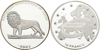 Конго 10 франков 2003 Евросоюз Schoon 177 серебро PROOF 00-00