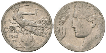 Италия 20 чентезимо 1913 R, Виктор Эммануил III (1900-1946) KM 44 никель 4615-626