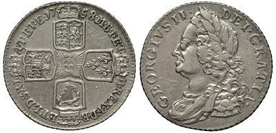 Великобритания 1 шиллинг 1758 Георг II (1727-1760) KM 583.3, Spink 3704 серебро 1518-223