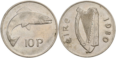 Ирландия 10 пенсов 1980 лосось KM 23 медно-никель 4140-332