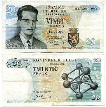 Бельгия 20 франков 1964 Бодуэн I, атомиум, d Haeze Pick 138 (1) бумага 6299-37-4