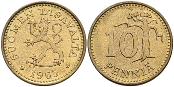 ФИНЛЯНДИЯ 10 ПЕННИ 1965 S KM 46 алюминиевая бронза 192-1028