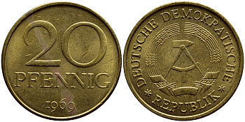ГДР 20 пфеннигов 1969 А, первый год KM 11 латунь UNC 4398-1154