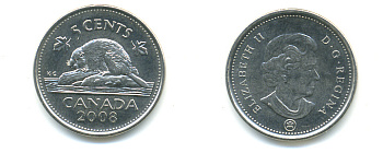 Канада 5 центов 2008 Елизавета II (1952-2022), бобер KM 491 сталь плакированная никелем 177-1267