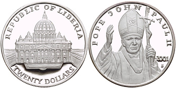 Либерия 20 долларов 2001 ПОНТИФИК ИОАНН ПАВЕЛ II KM 643 серебро PROOF 1087-4-72