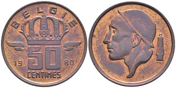 БЕЛЬГИЯ 50 САНТИМОВ 1980 BELGIE, БОДУЭН I (1951-1993) KM 149.1 бронза 116-1034
