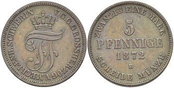 Мекленбург-Шверин 5 пфеннигов 1872 В, Фридрих Франц II (1842-1883) KM 317 (C104), Jaeger 62, AKS 45 медь 4448-1254