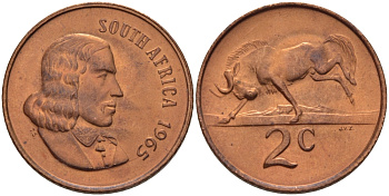 ЮАР 2 цента 1965 Ян ван Рибек (1619-1677), Suid Africa, легенда на африкаанс, антилопа гну KM 66.2 бронза UNC 67-254