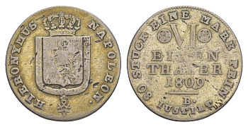 Вестфалия 1/6 талера 1809 B, Жером Бонапарт (1807-1813) KM 87 серебро 633-1245