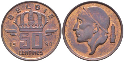 БЕЛЬГИЯ 50 САНТИМОВ 1980 BELGIE, БОДУЭН I (1951-1993) KM 149.1 бронза 116-1034